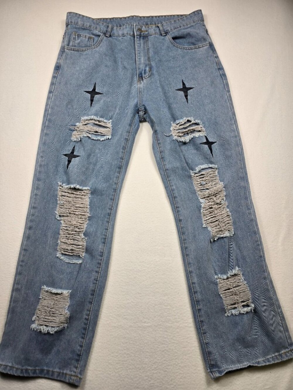 Shein Womens XL Jeans Distressed Light Wash StarPatches HighWaisted Straight Fit